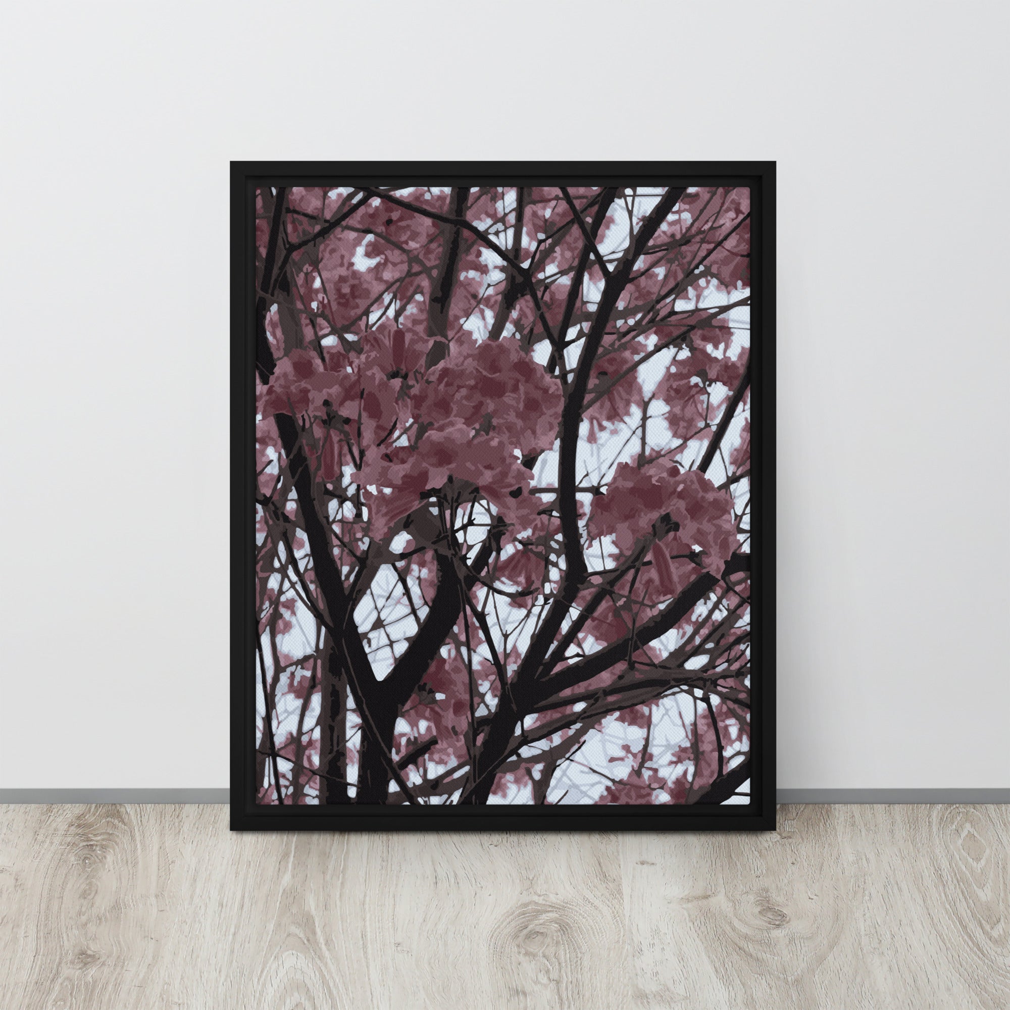 pink floral wall art framed canvas with natural wood floating frame