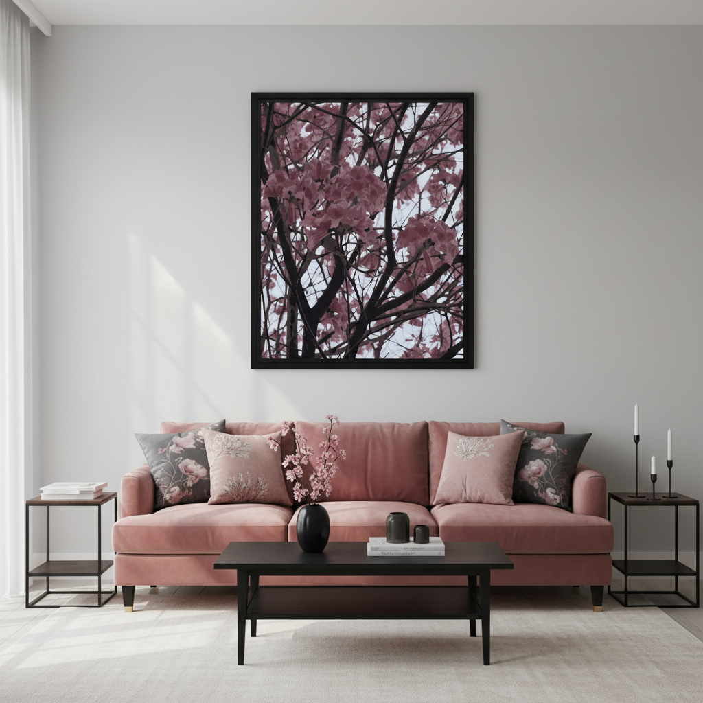 Living room with pink sofa, coffee table, and pink floral wall art of trumpet tree blossoms.
