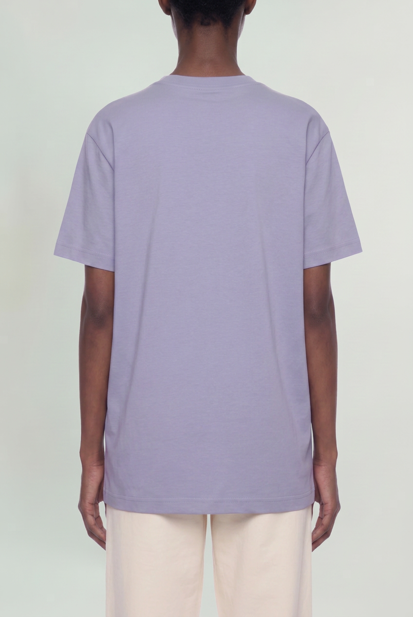 Plain purple t-shirt back view with pale grey studio background