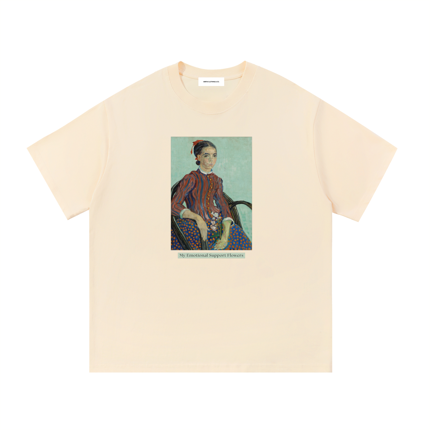pure cotton vintage portraits beige graphic t-shirt with text