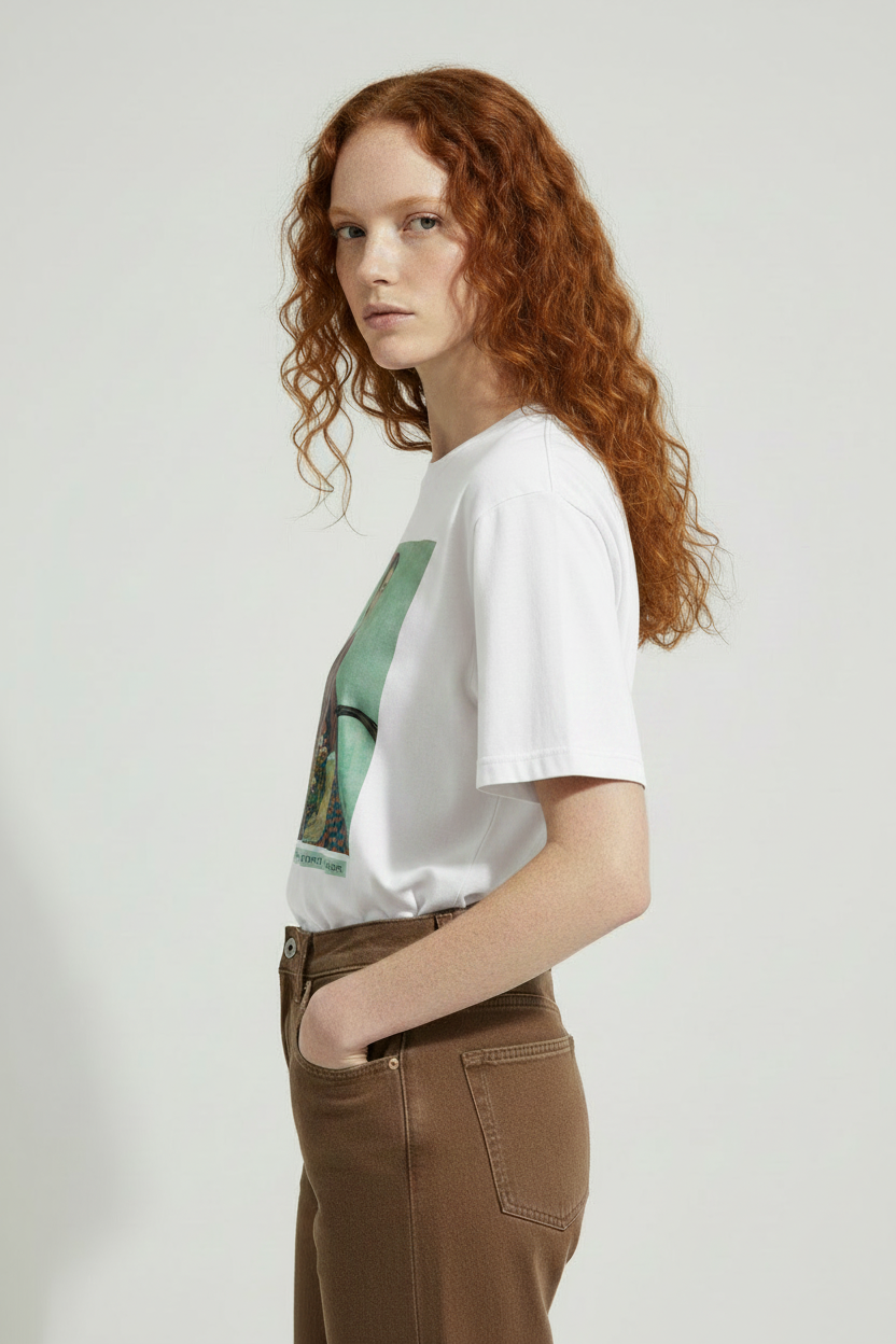 side view of unisex cotton t-shirt with vintage portrait print 