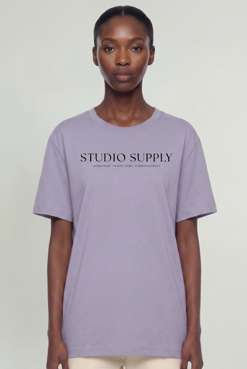 Purple shirt front view with the second image’s pale grey background