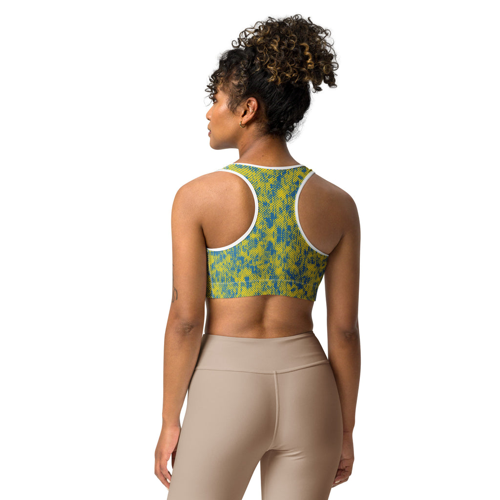yellow abstract camo sports bra 