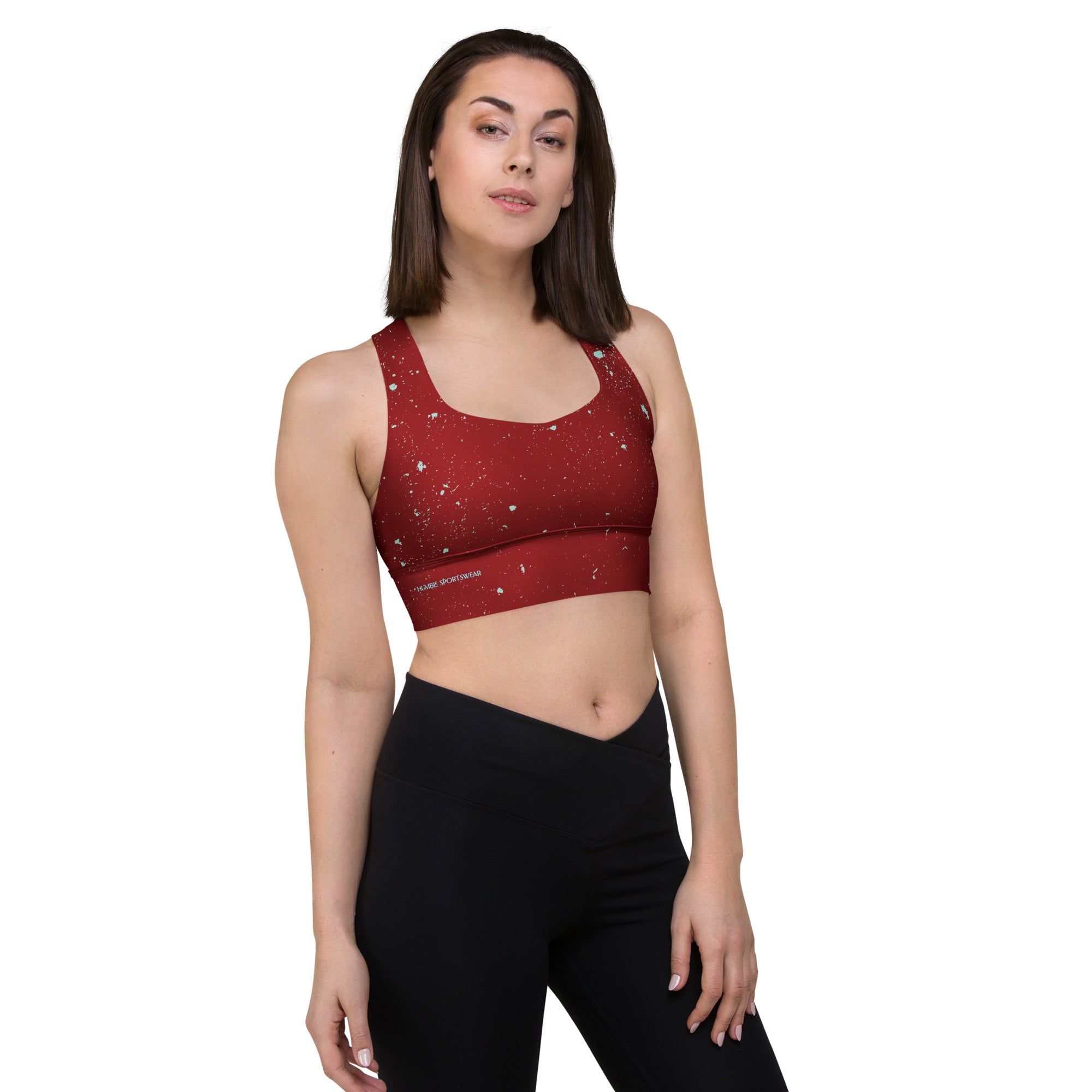 recycled long line sports bra front view 