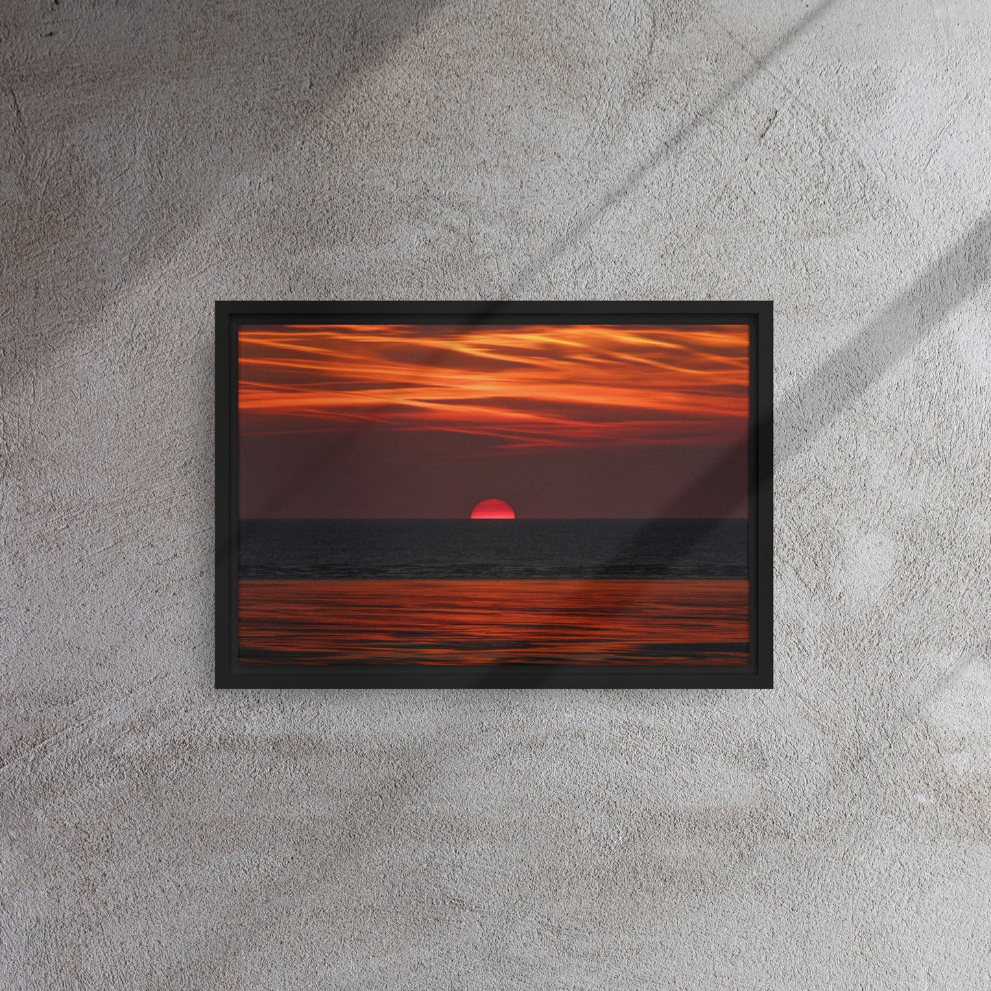 red ocean sunset canvas print wall art black frame