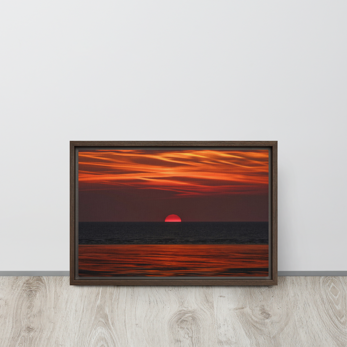 red ocean sunset canvas print wall art brown frame