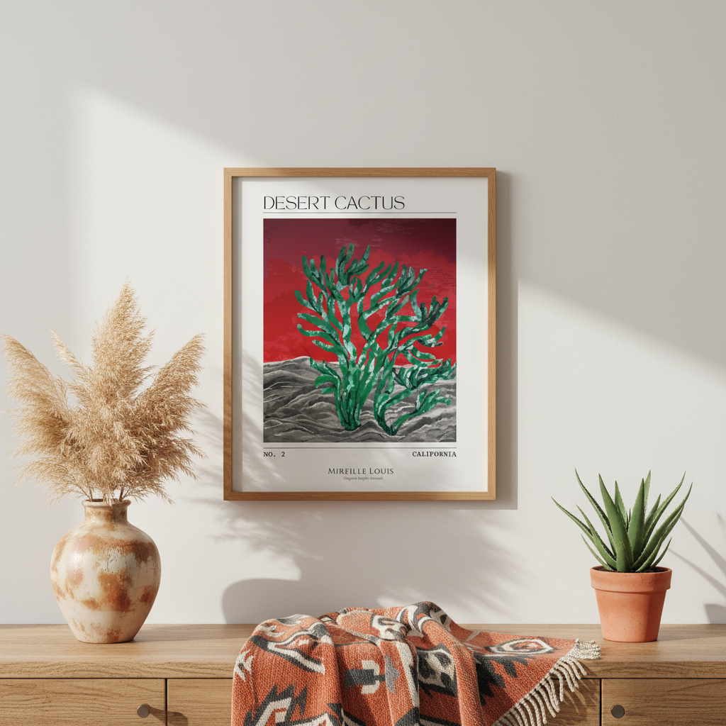 southwestern desert landscape print featuring cactus under red sky