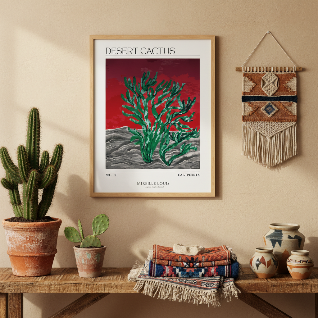 warm desert sky landscape artwork with cactus and sandy terrain