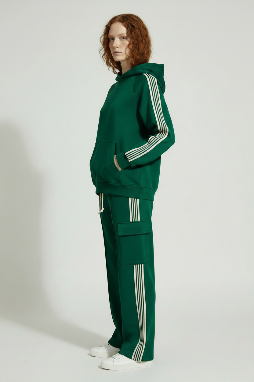 model riley in green side stripe hoodie side view 