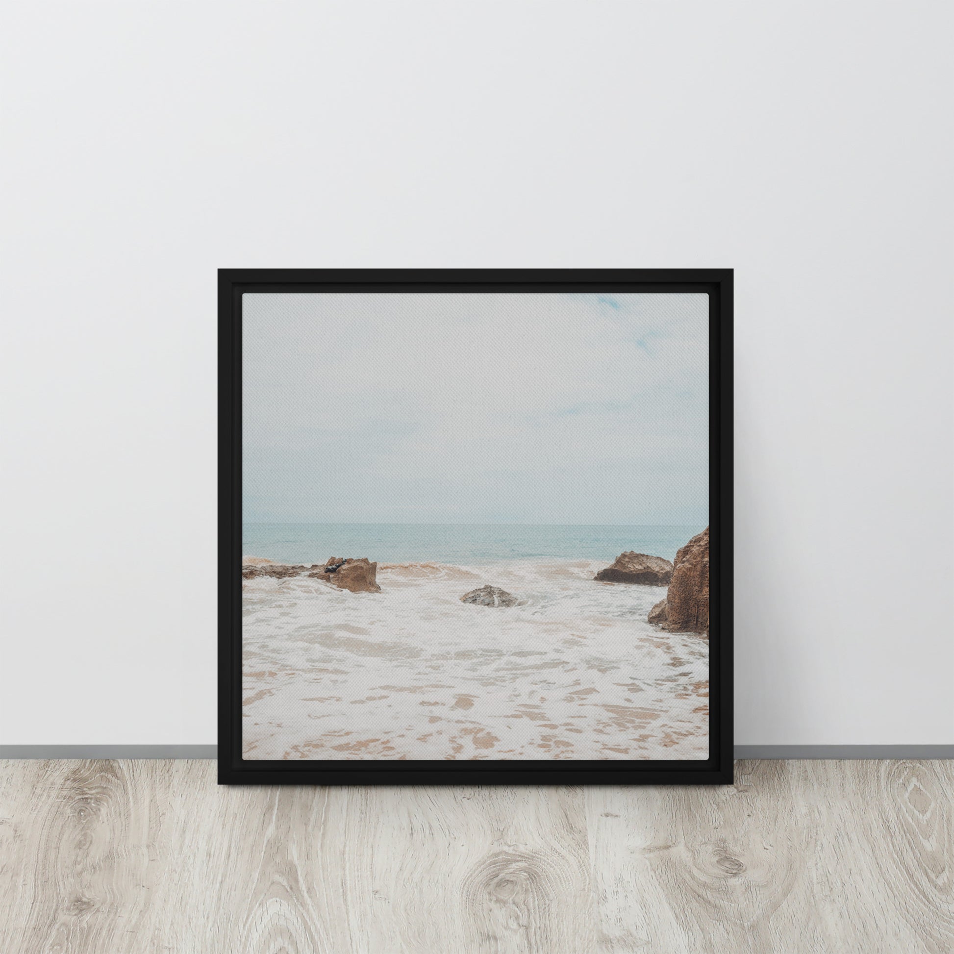 rock beach art framed canvas print black floater frame