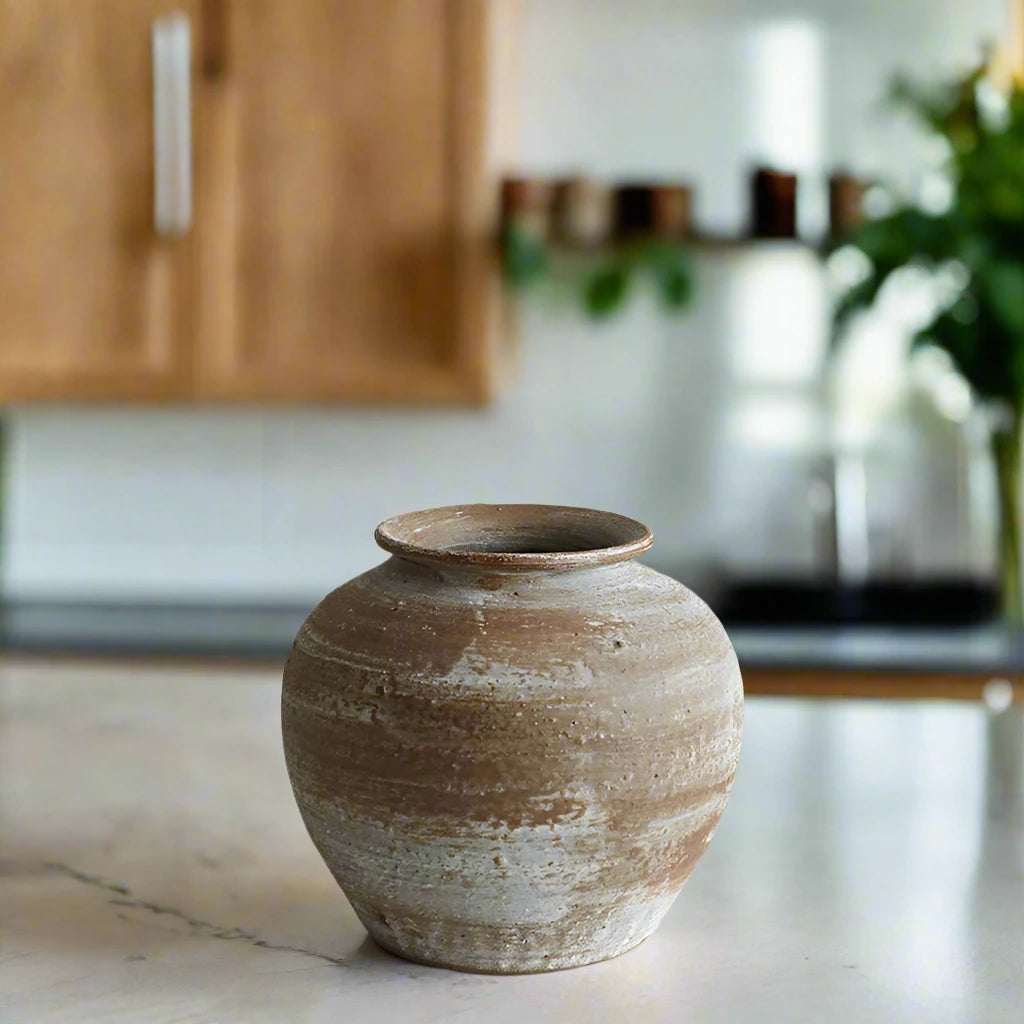 brown ceramic floor vase round small