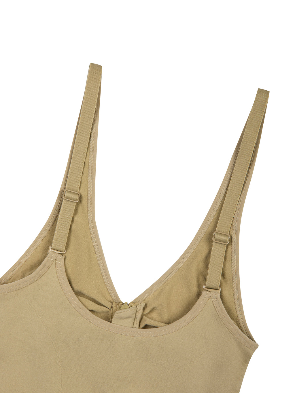back view of beige bodysuit with thin straps 