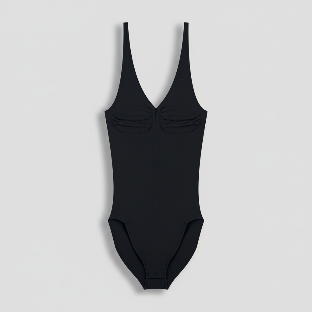 flat lay front view of black ruched zip sporty bodysuit