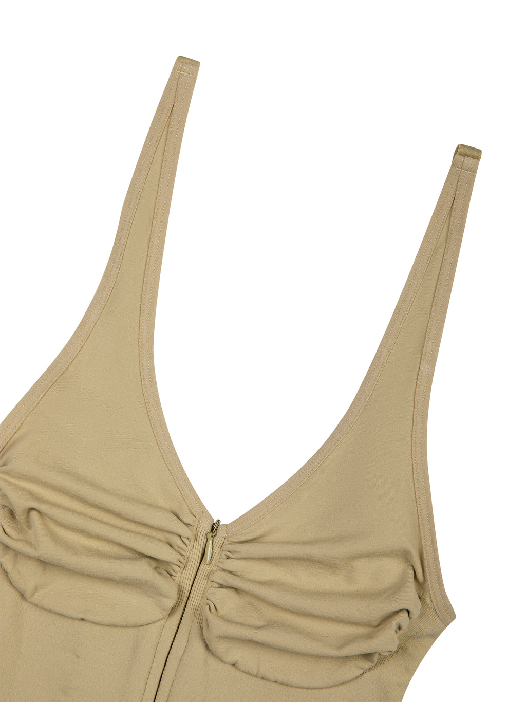 close up of beige ruched bodysuit top with a deep neckline 