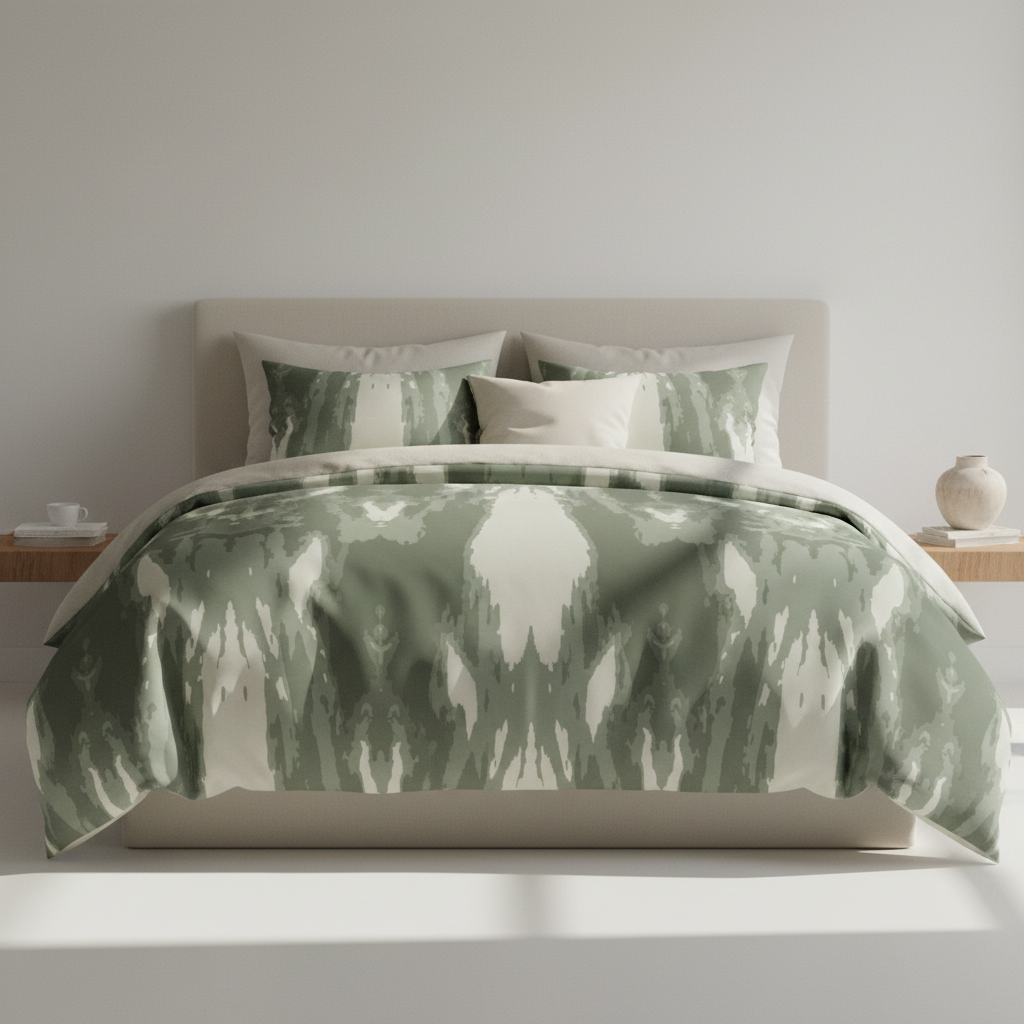biophilic bedroom decor featuring sage green art bedding