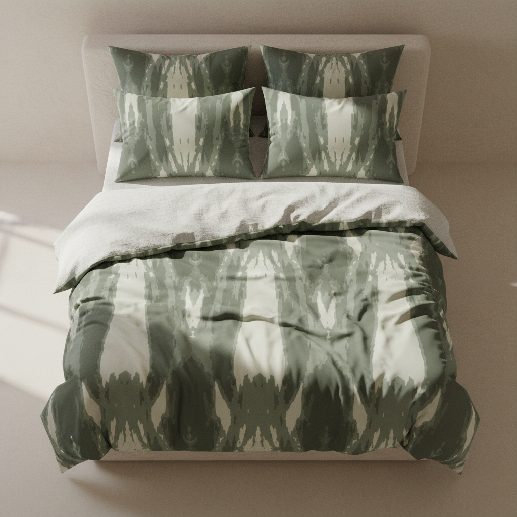 sage green abstract duvet cover with a botanical-inspired print
