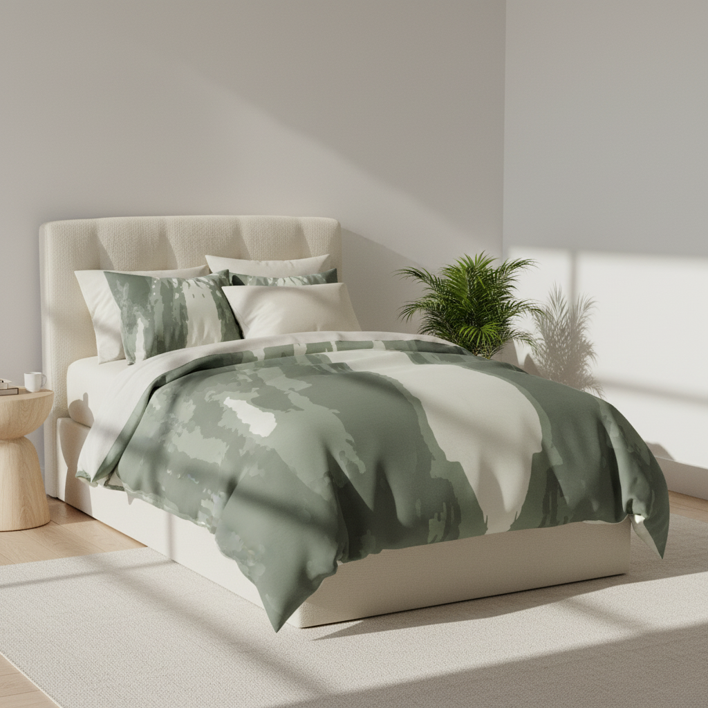 artisan-designed green bedspread for a modern, organic look