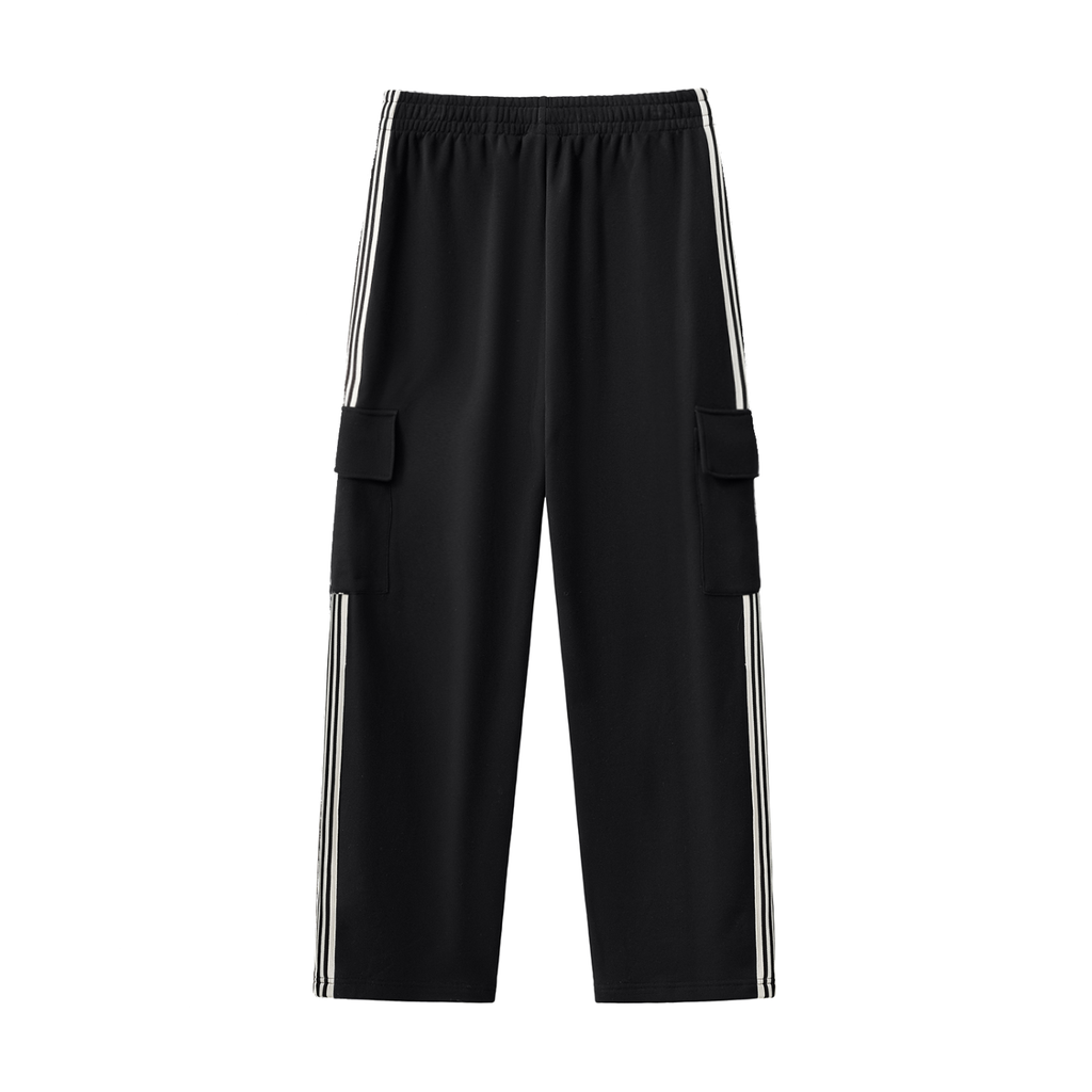 back view of black side stripe straight leg cargo pants 