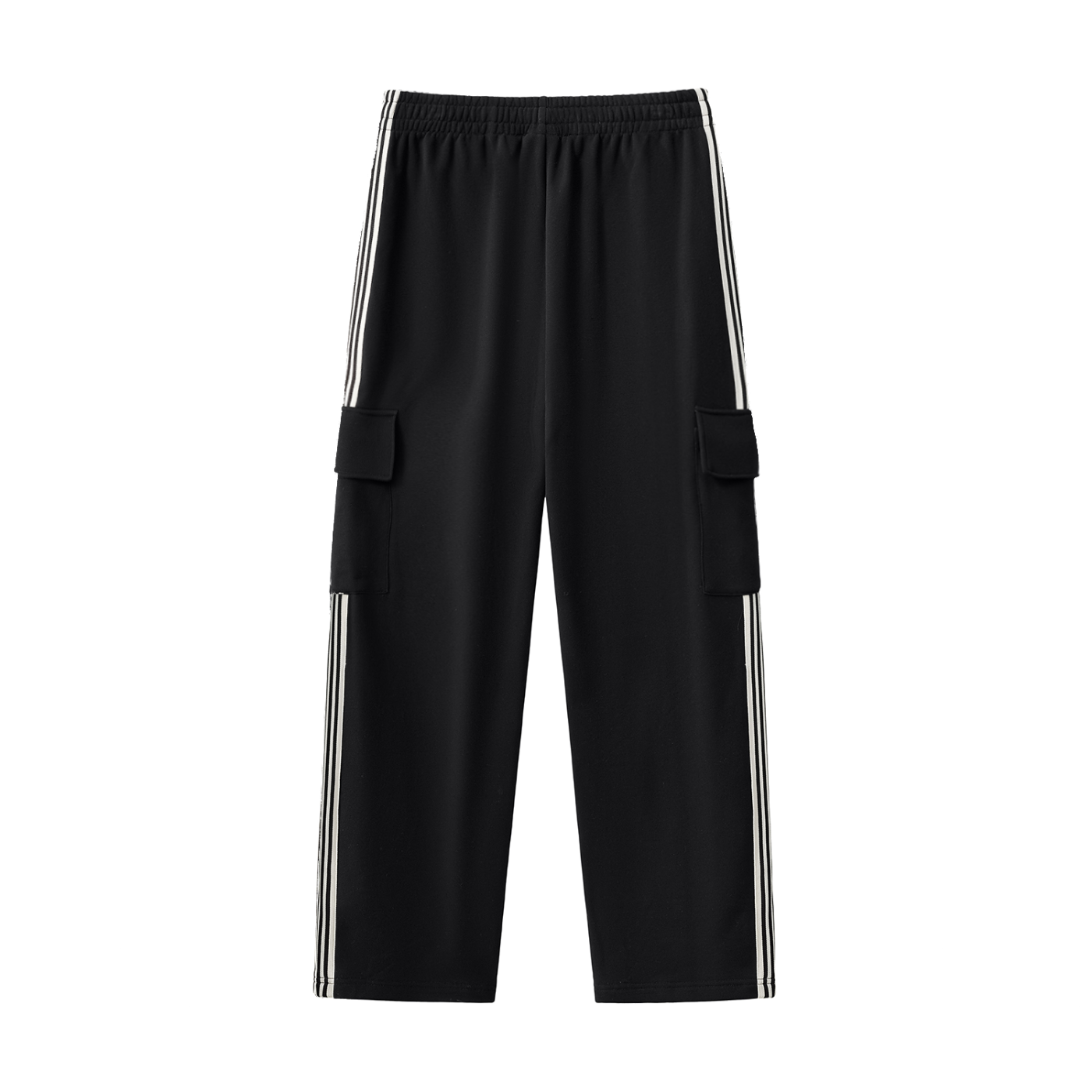 back view of black side stripe straight leg cargo pants 