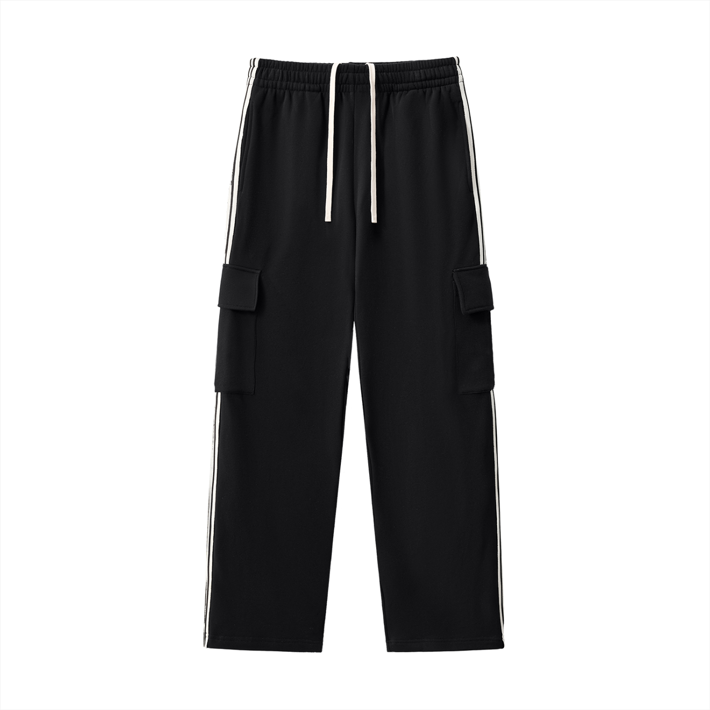front view of black side stripe straight leg cargo pants with drawstring waist