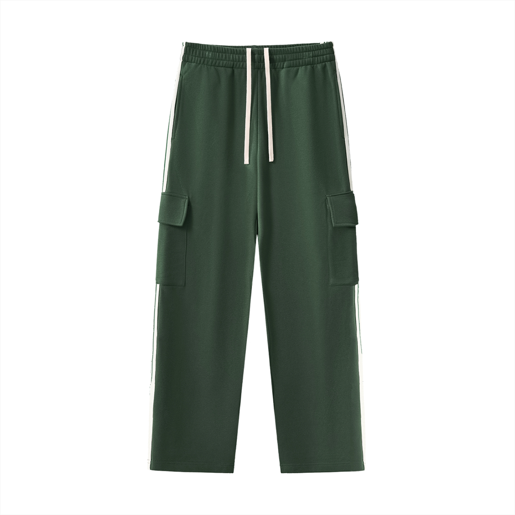 front view of green side stripe straight leg cargo pants 