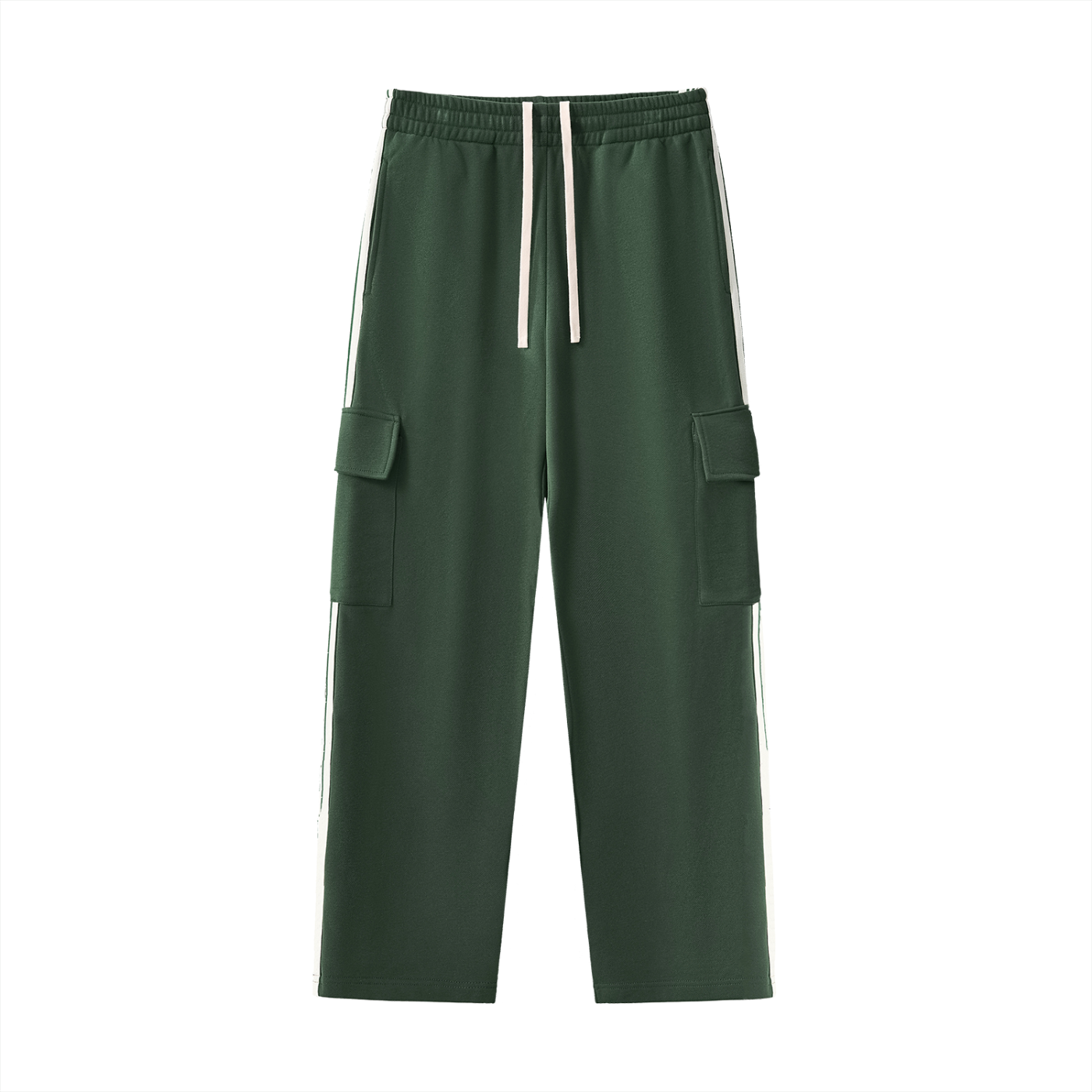 front view of green side stripe straight leg cargo pants 