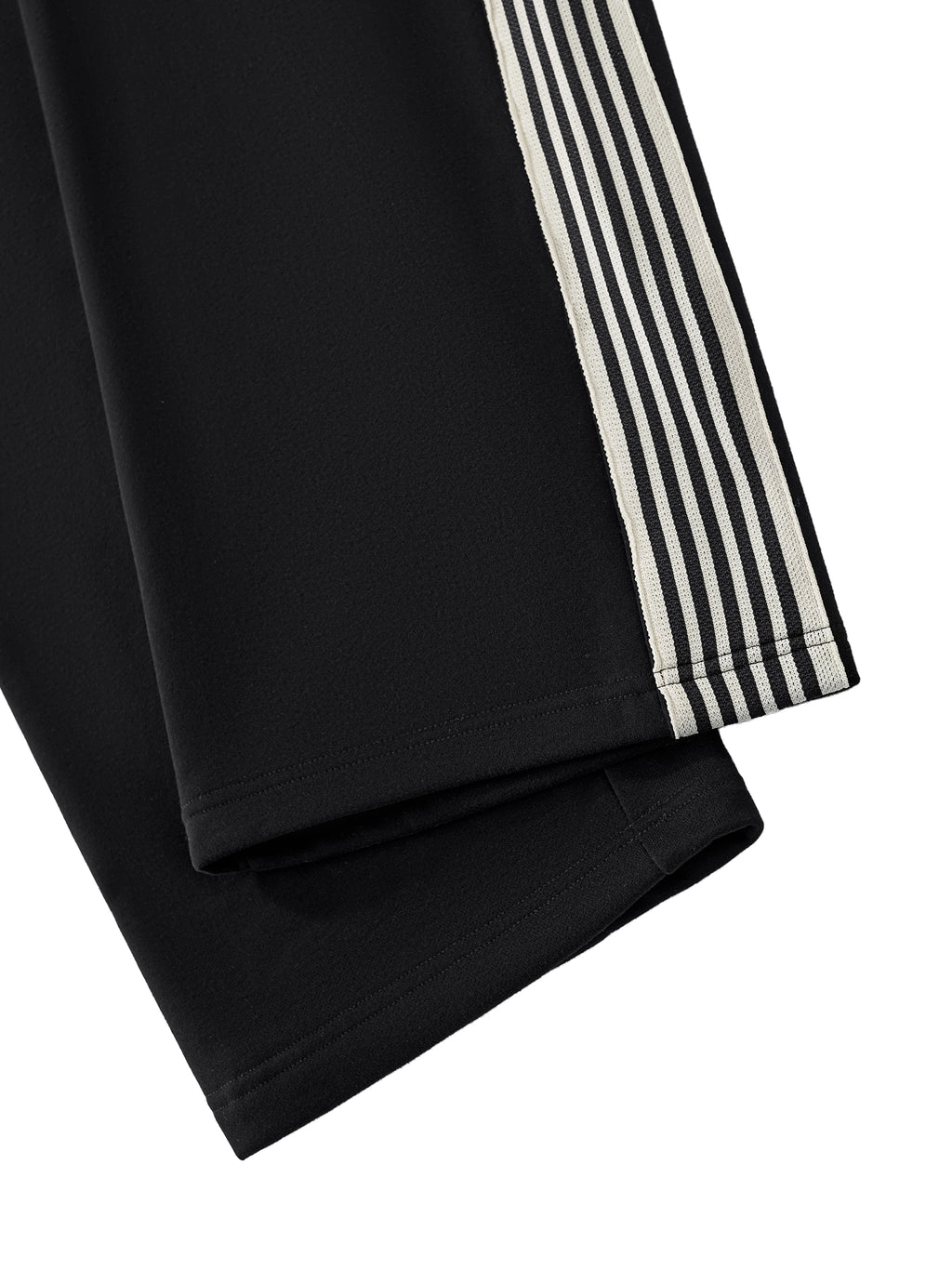 hemline detail of black side stripe straight leg cargo pants