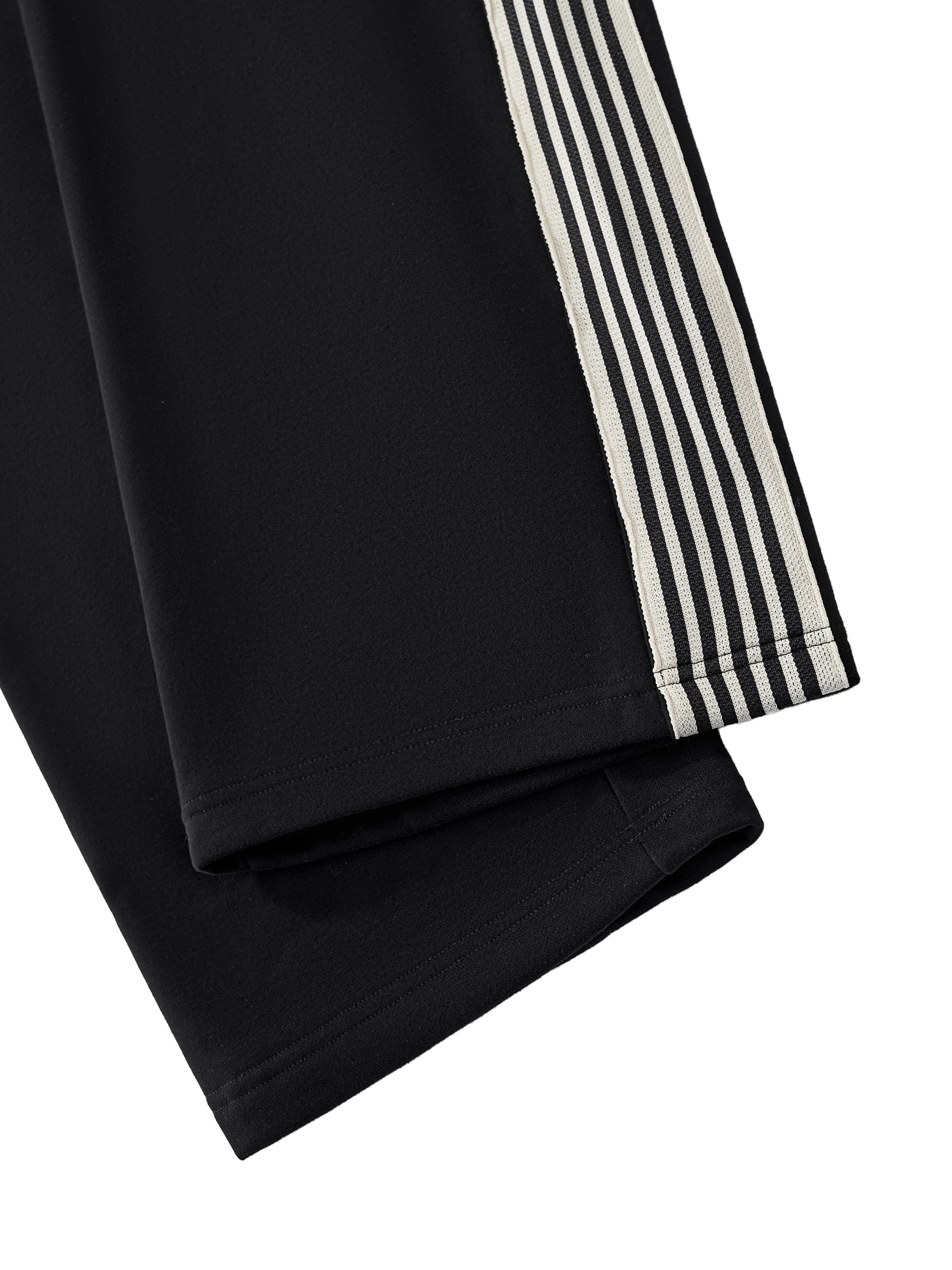 hemline detail of black side stripe straight leg cargo pants