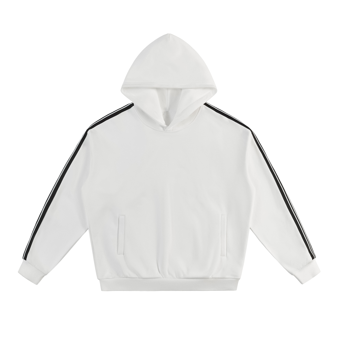 front view of side stripe drop shoulder casual hoodie in white