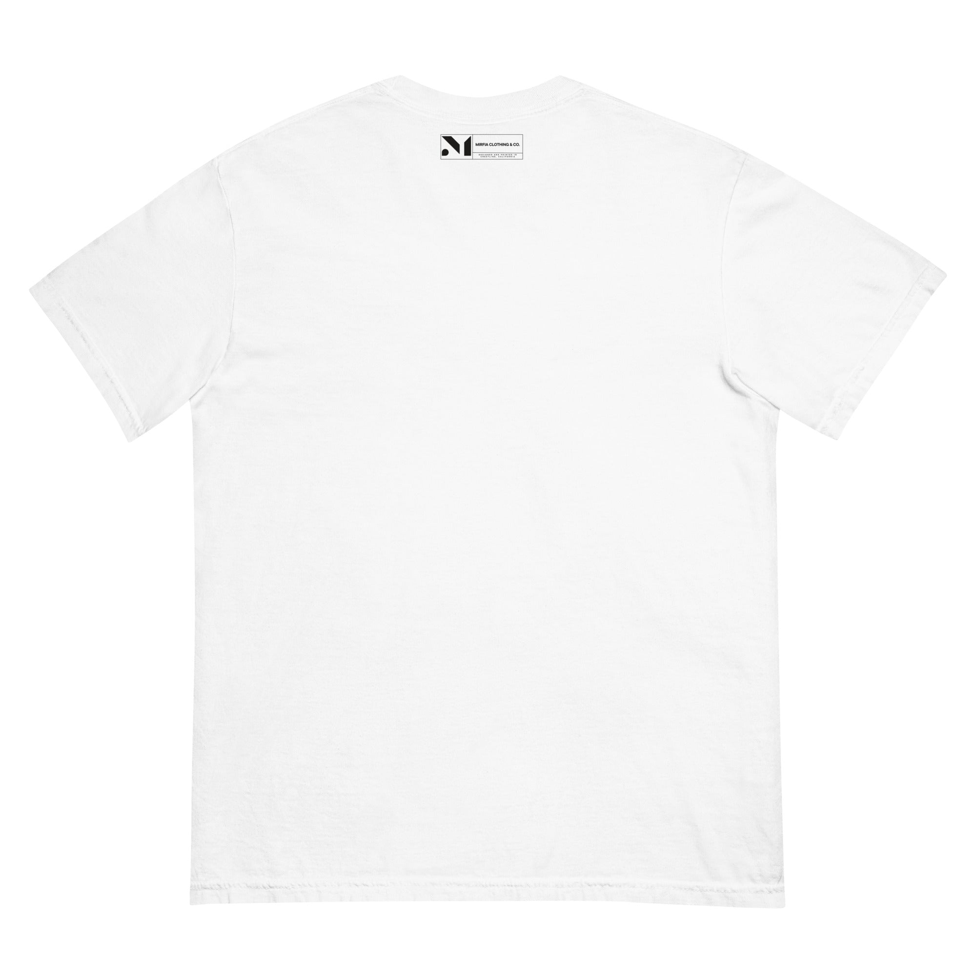 flat lay view of white heavyweight t-shirt with logo on back 