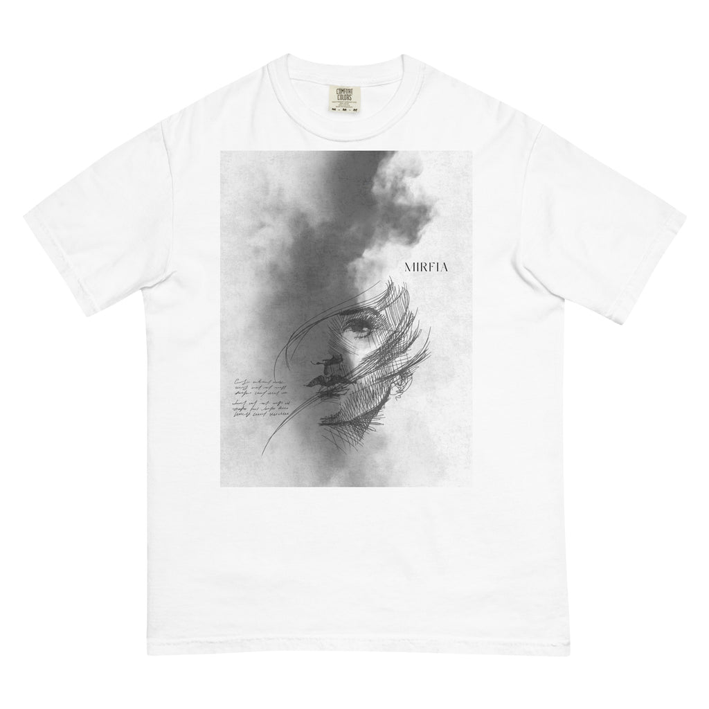 white t-shirt with graphic design and text on a white background