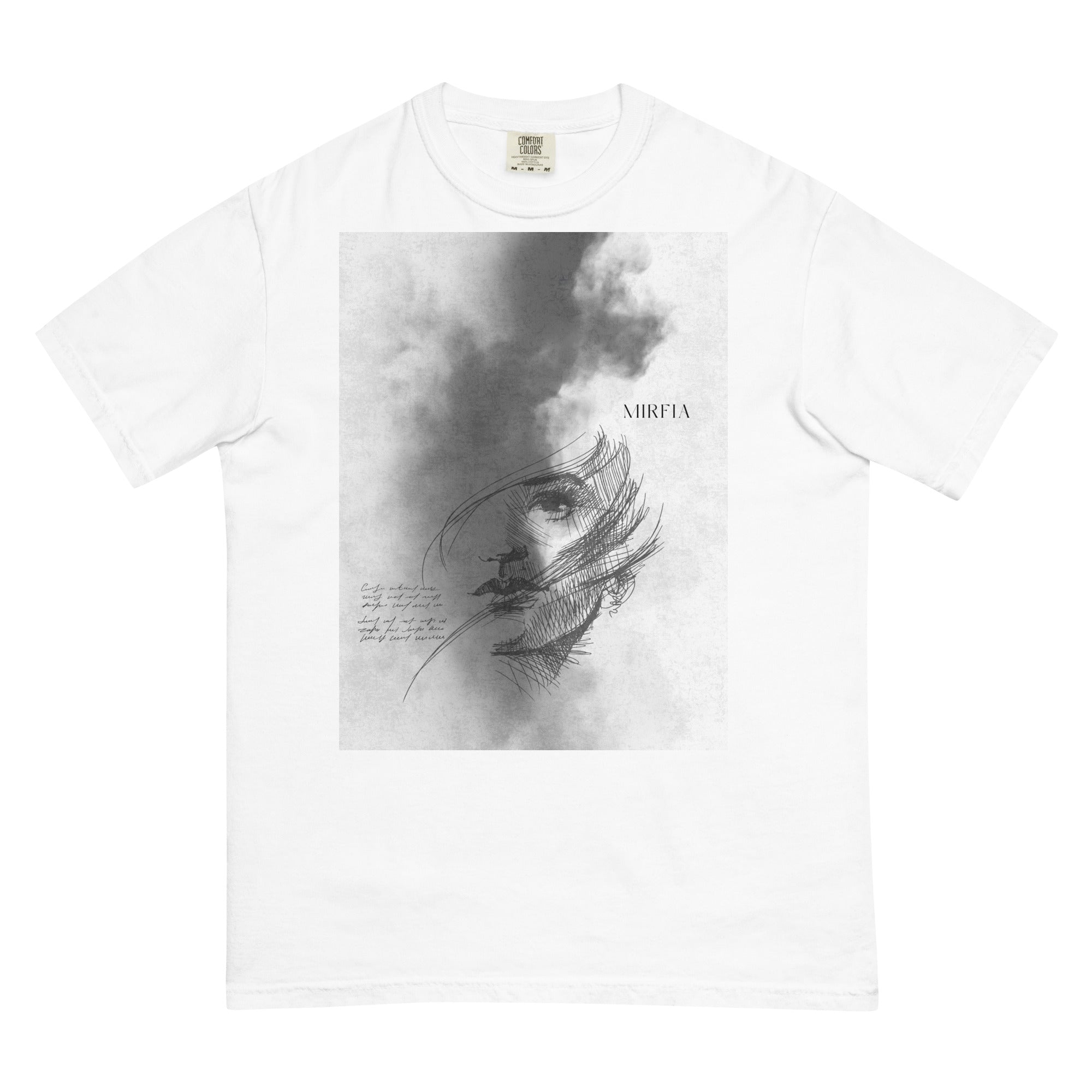 white t-shirt with graphic design and text on a white background