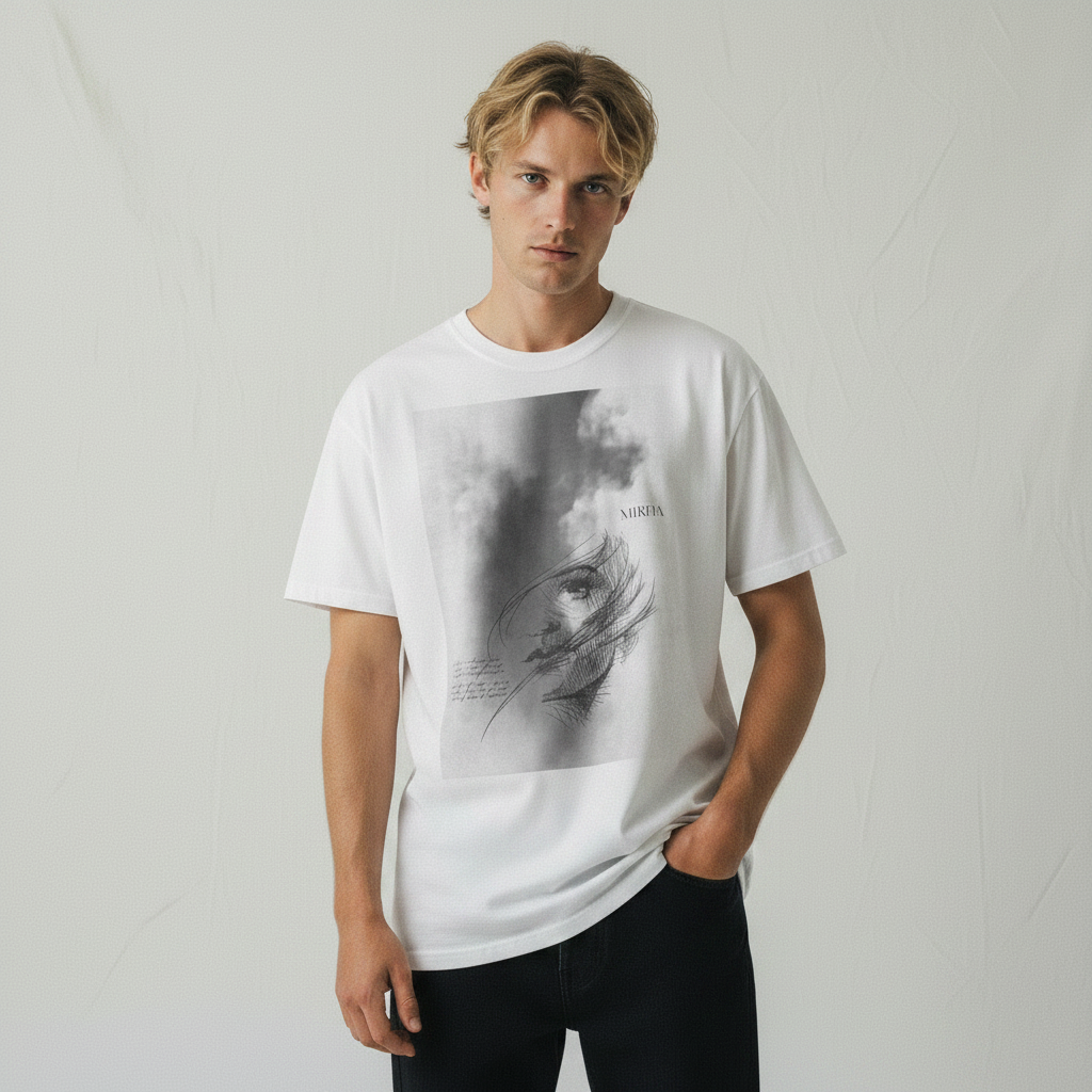 male model wearing a white graphic cotton t-shirt