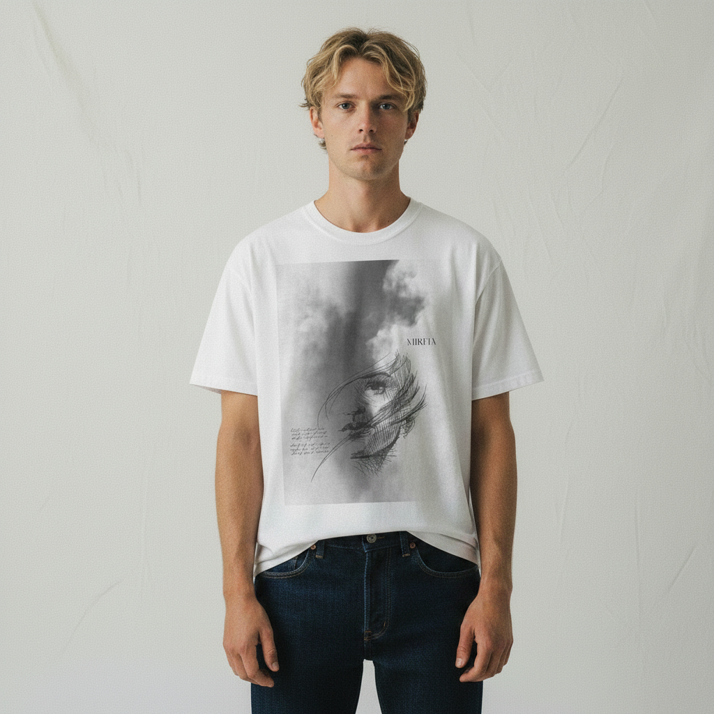 male model wearing a white heavyweight garment dyed t-shirt with a graphic design 
