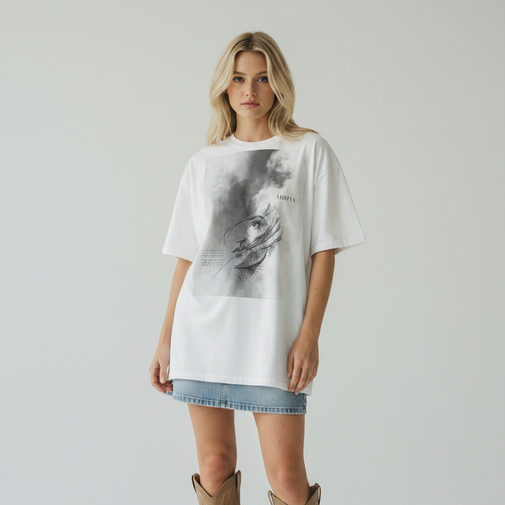 female model wearing a white t-shirt with a graphic design on a plain background