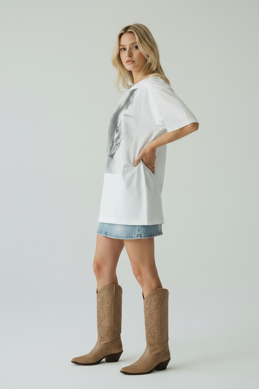 female model wearing a white oversized graphic shirt, denim skirt, and brown knee-high boots on a light gray background
