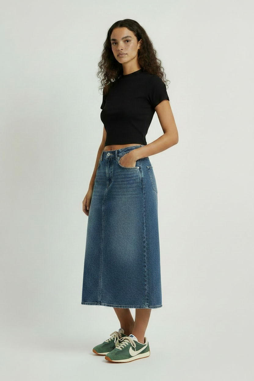 fitted mock neck top and jean skirt 