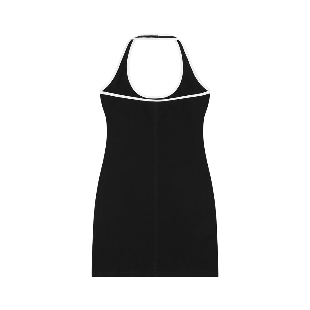 back view of black sleeveless sport halter dress with white trim