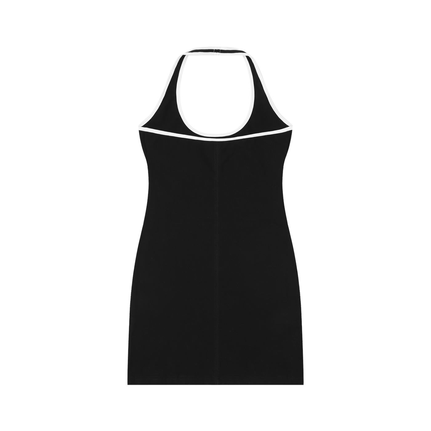 back view of black sleeveless sport halter dress with white trim