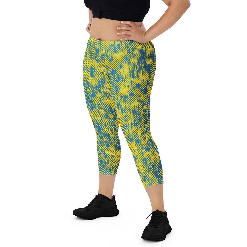 four way stretch yellow and blue camo capri leggings