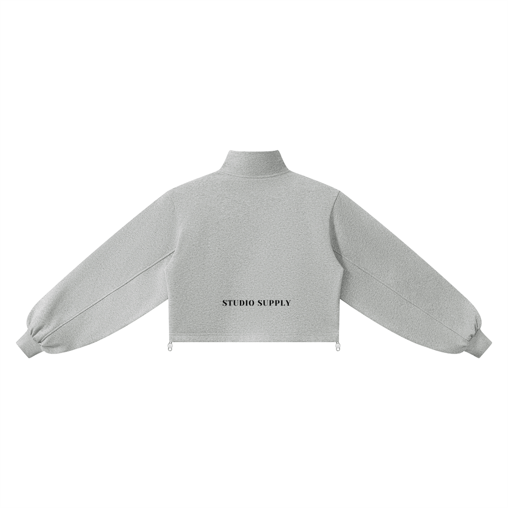women’s gray mock-neck quarter-zip sweatshirt back view 