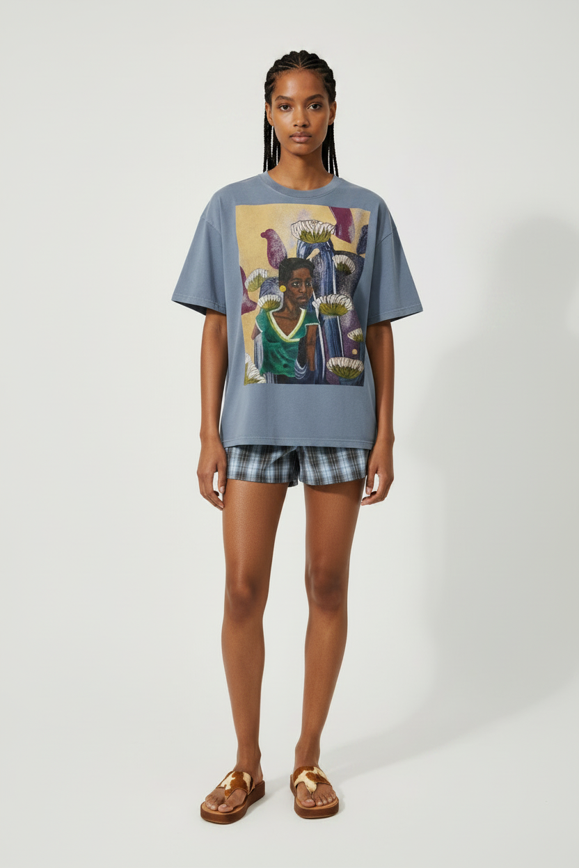 Enzyme wash cotton studio graphic t-shirt with Caribbean women artwork print