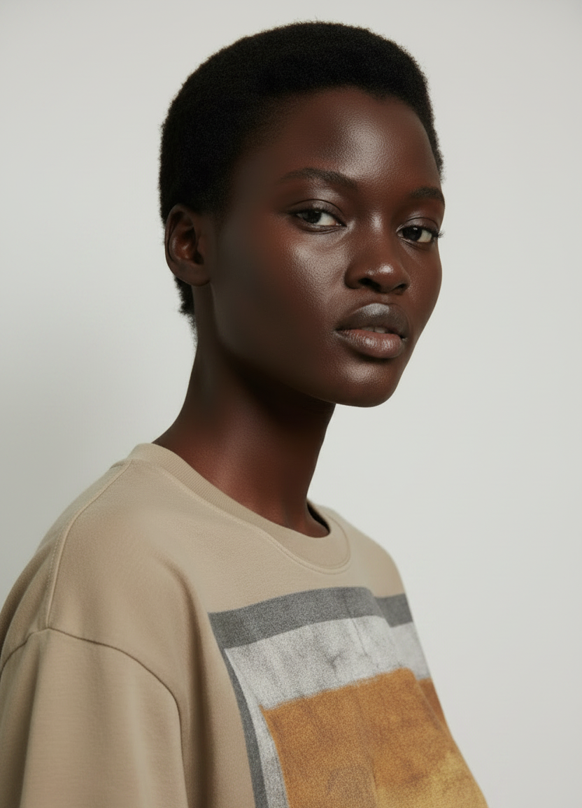 close up of model wearing minimal streetwear cotton tee studio painting print design