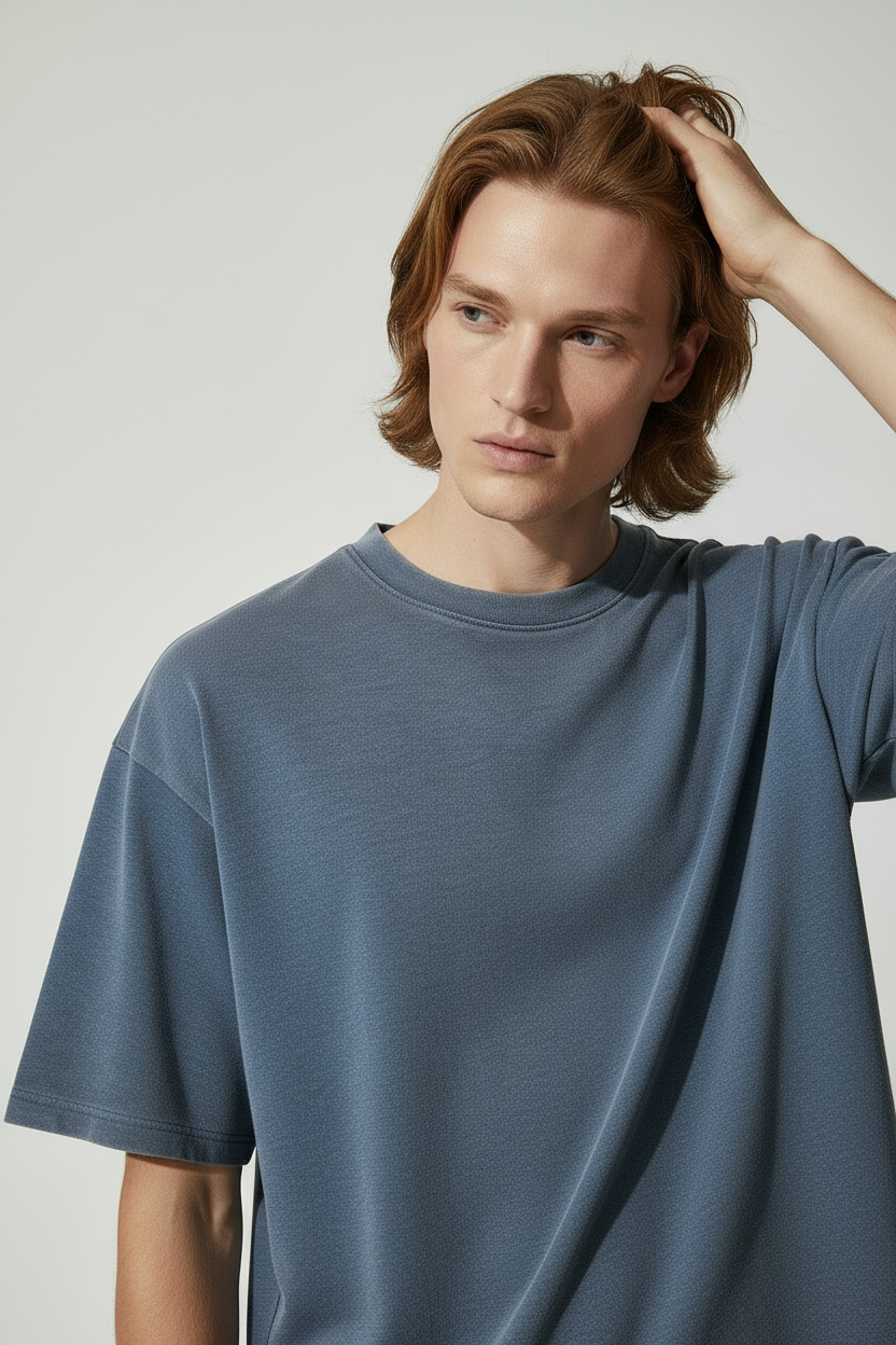male model camden in the sunfade waffle boxy tee front view
