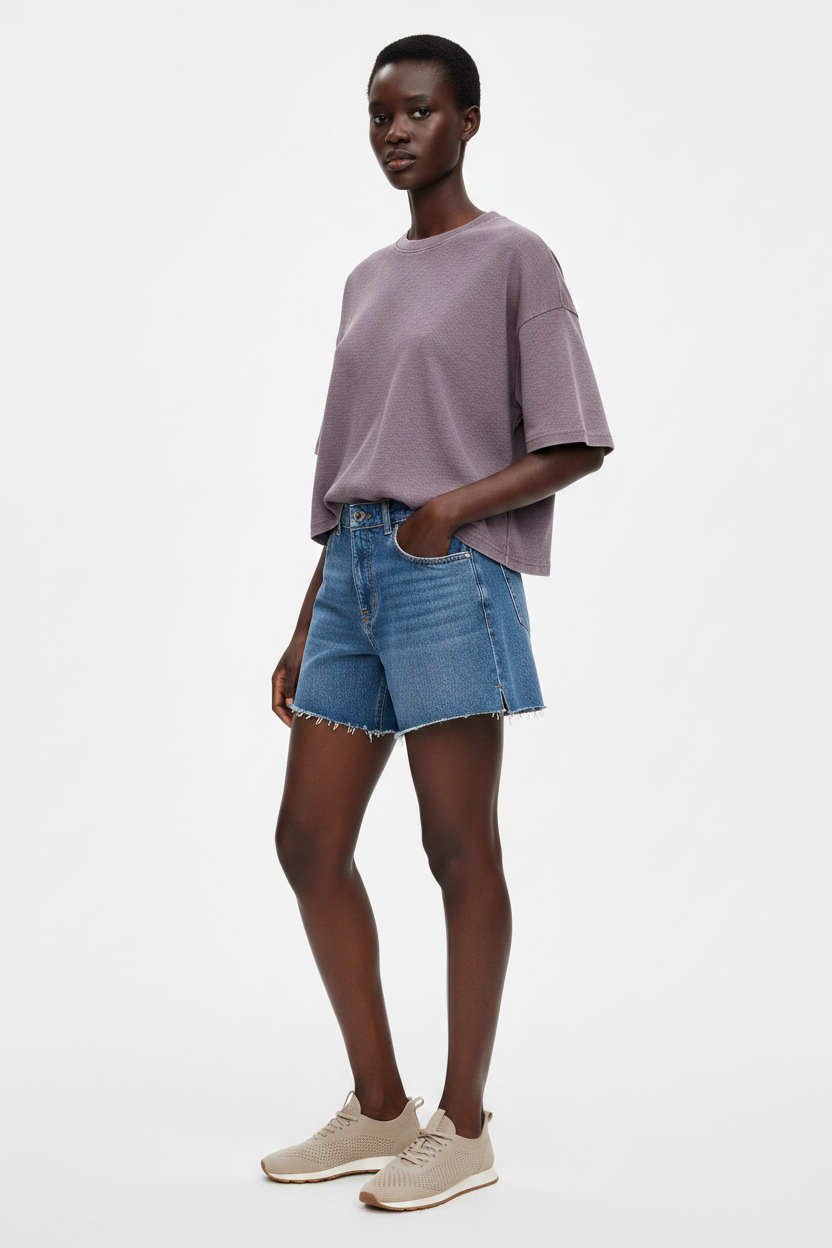 model RéRé side view wearing waffle knit t-shirt purple 