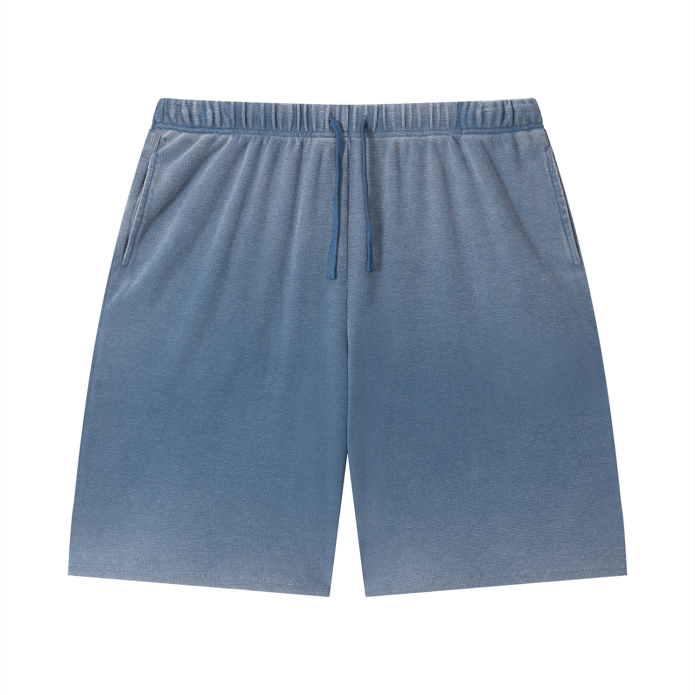 Unisex Vintage Wash Sunfade Waffle Raw Hem Shorts Blue Front
