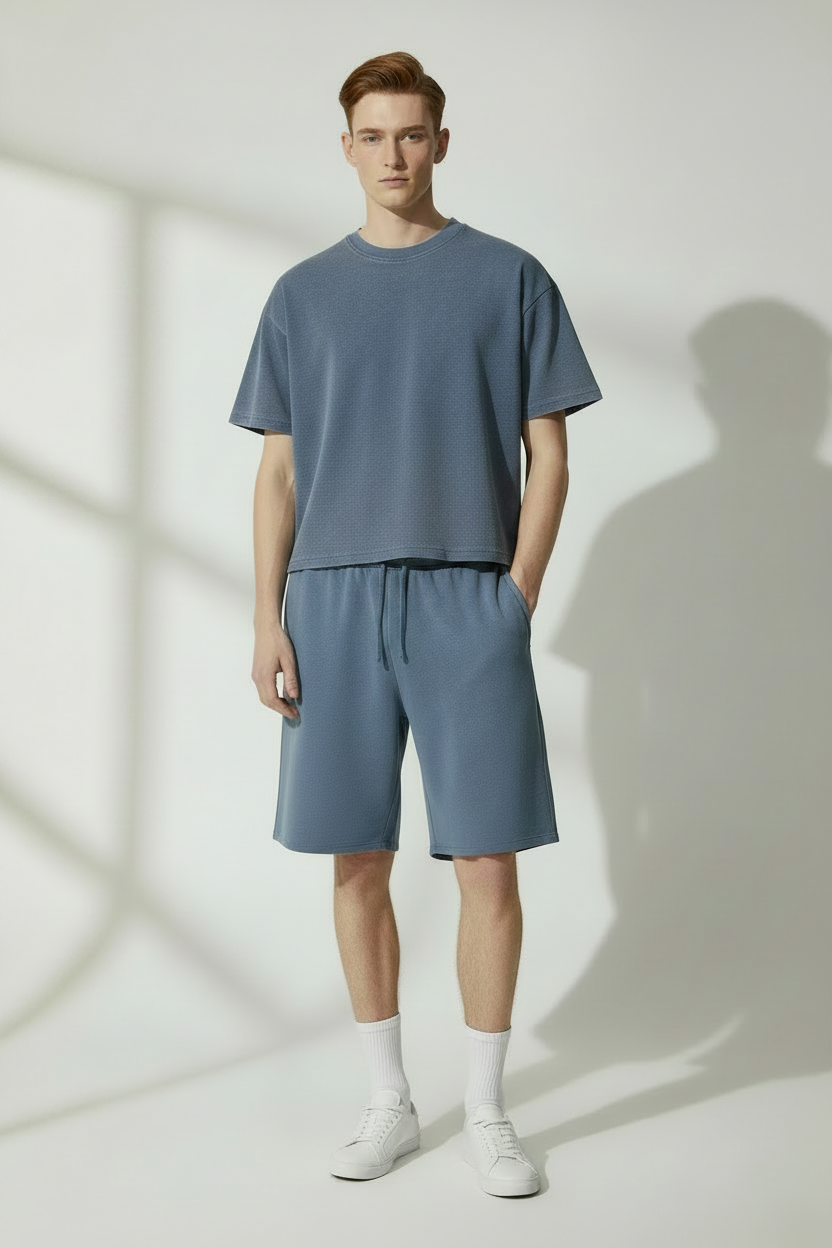 front view of matching set sunfade waffle shorts and t-shirt 