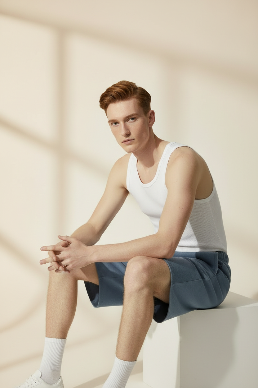 model sitting down wearing raw hem faded waffle shorts 