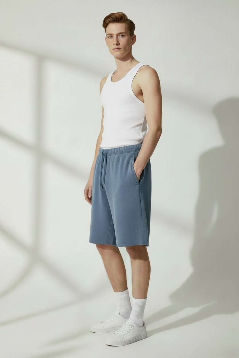 side view of model wearing relaxed fit waffle shorts 