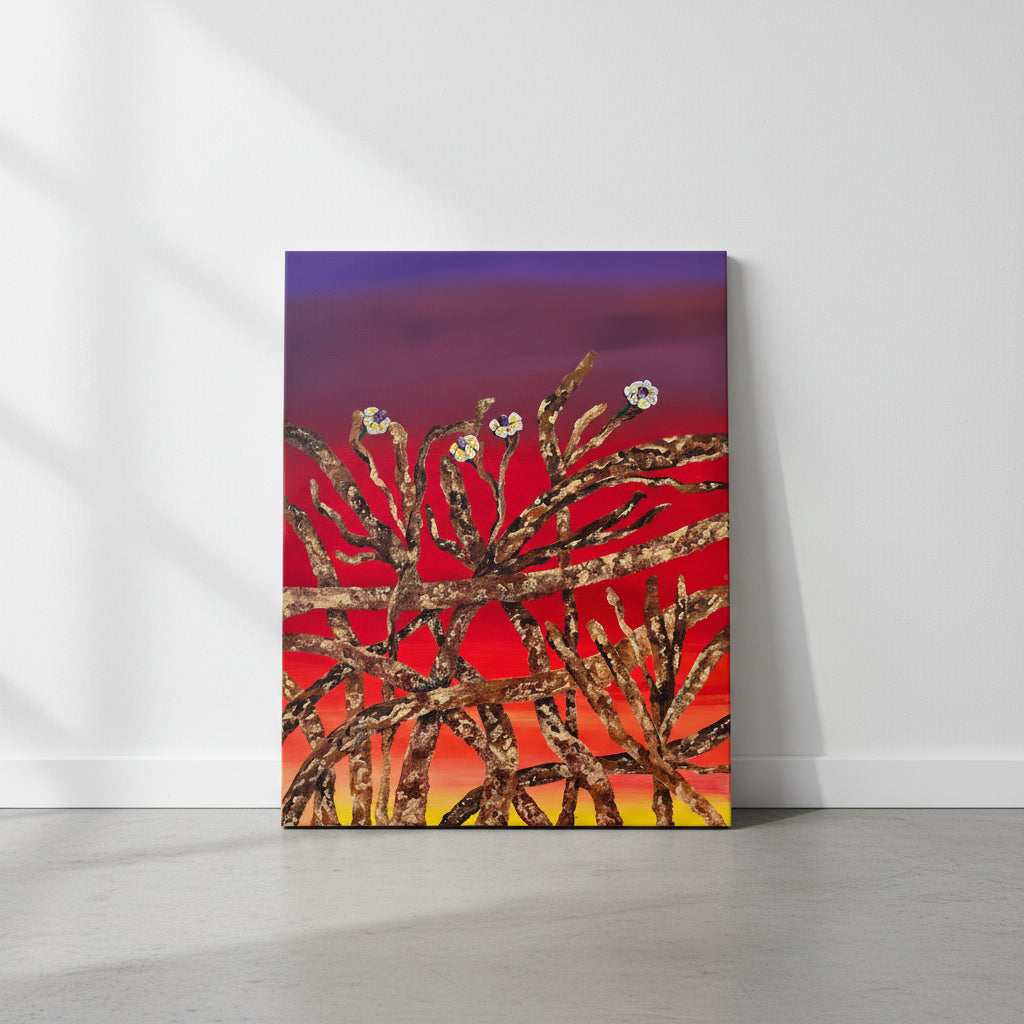 sunset bloom original floral acrylic painting against a white wall